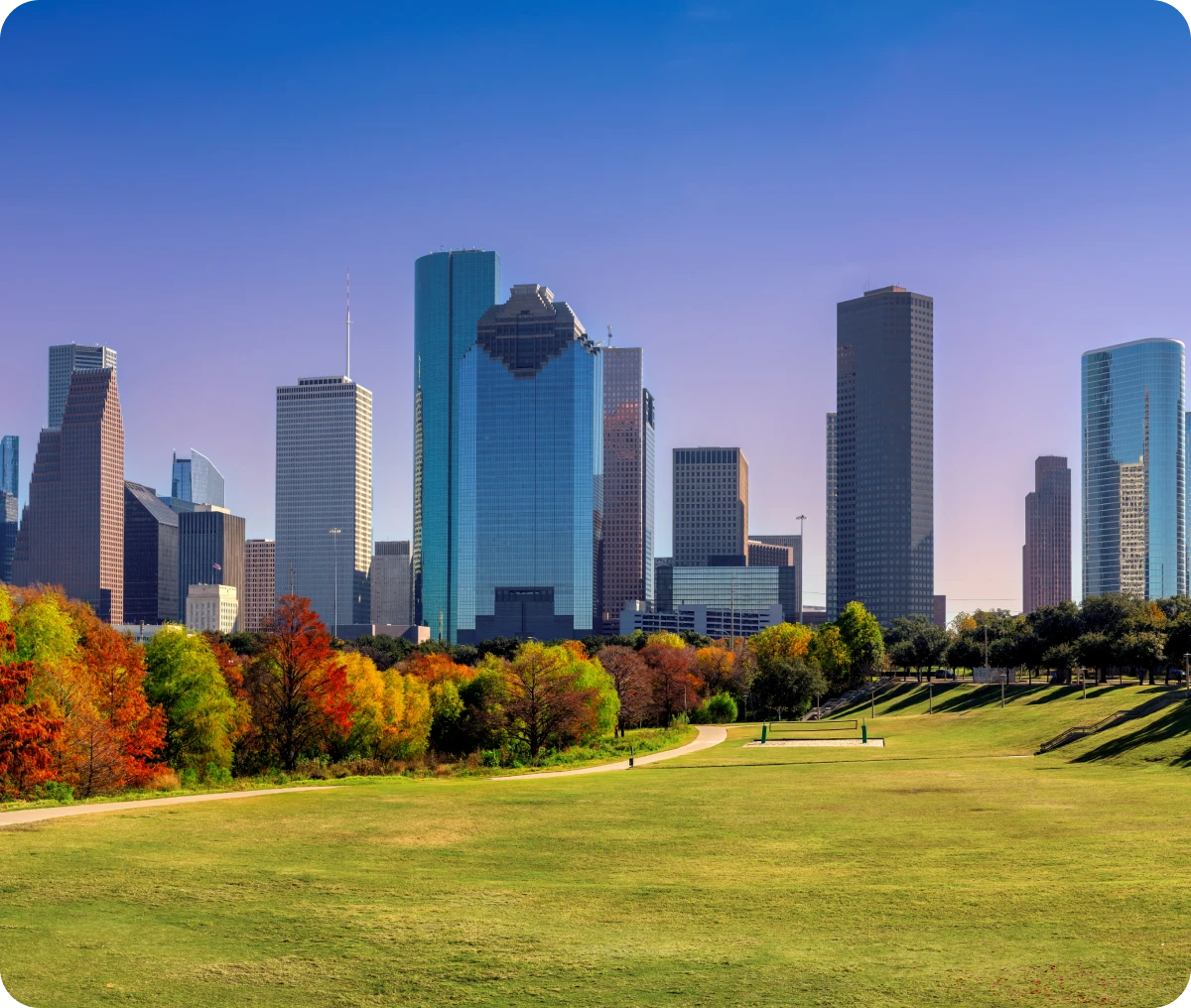 City skyline with autumn trees